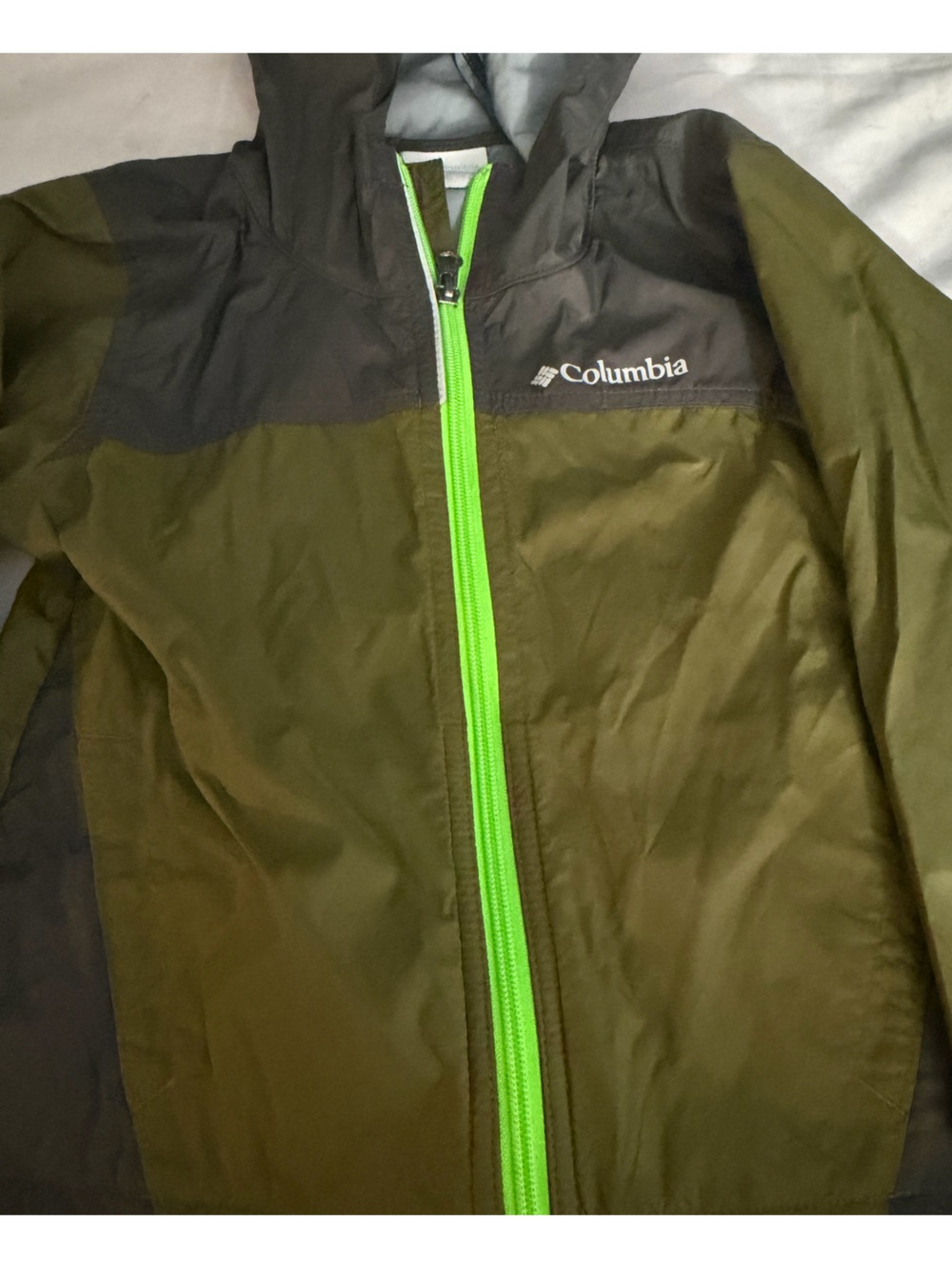 Columbia Olive Jacket with Bright Green Zipper